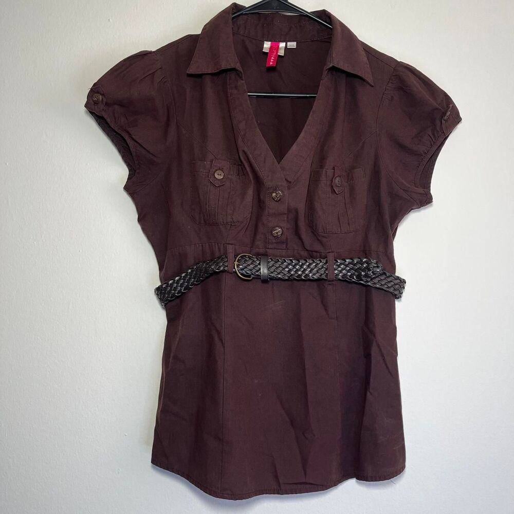 Vintage Babydoll Heart Soul Brown Blouse with Belt Preppy Office Siren Sz Large